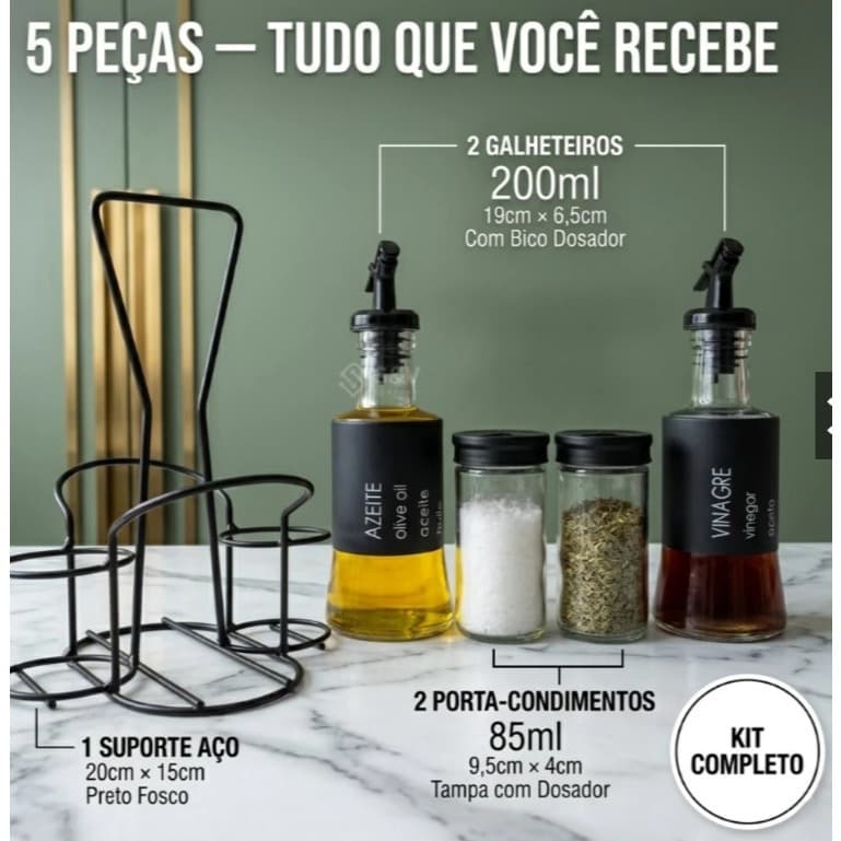 Kit Galheteiro Vidro 5 Pçs Azeite Vinagre Sal Pimenta Suporte