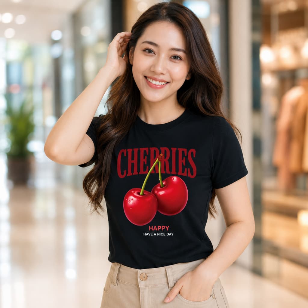 Baby Look Feminina Cereja Cherries Algodão Premium