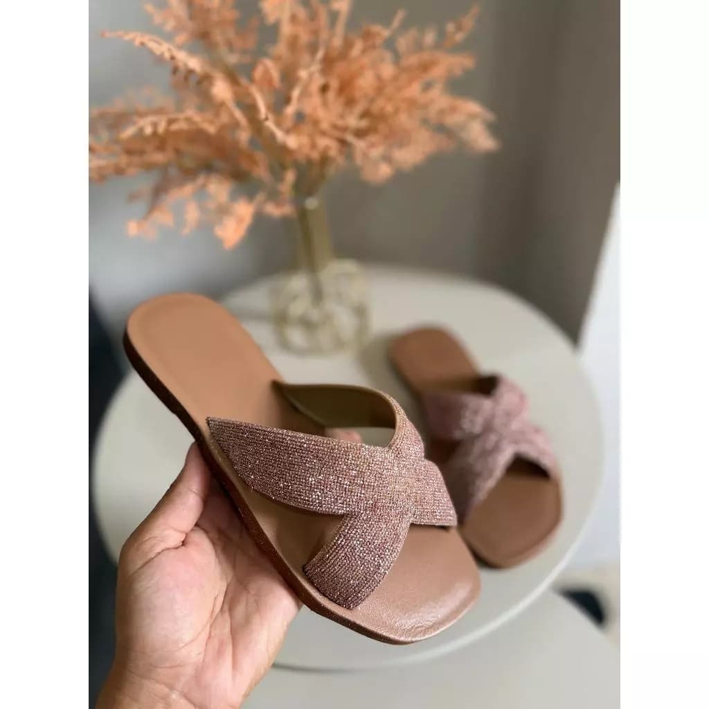 Sandalia Rasteirinha Feminina Glitter X Cruzada Chinelo Slide Confortável Casual Leve Moda Verão