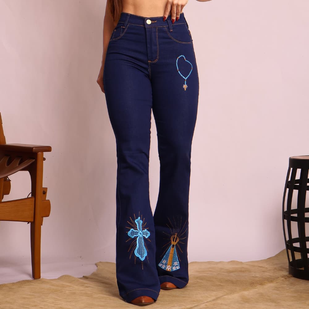 Calça Jeans Feminina Flare Country Cós e Cintura Alta Levanta Bumbum Contry Lycra Elastano Bolsos