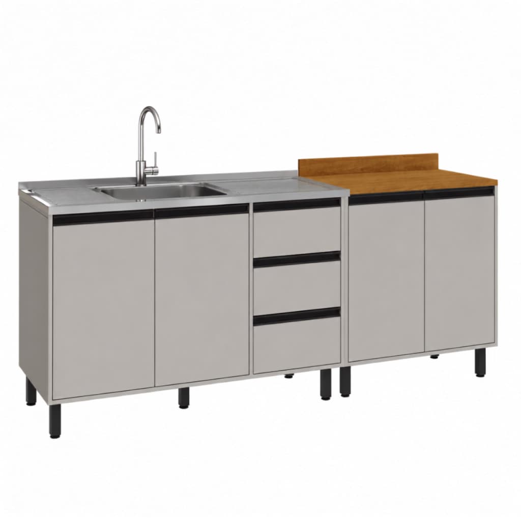 Kit com 2 Balcões de Cozinha 4 portas 3 Gavetas 200x83 Cm Tóquio Cinza Casamia