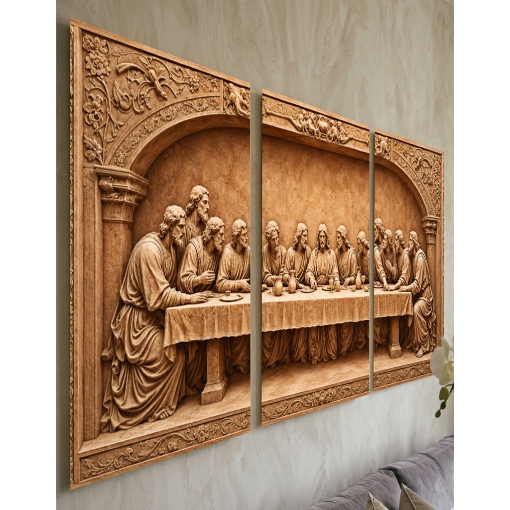 Quadro Decorativo Última Ceia 3 Peças Relevo 3D Efeito Madeira Sala Quarto Religioso Grande