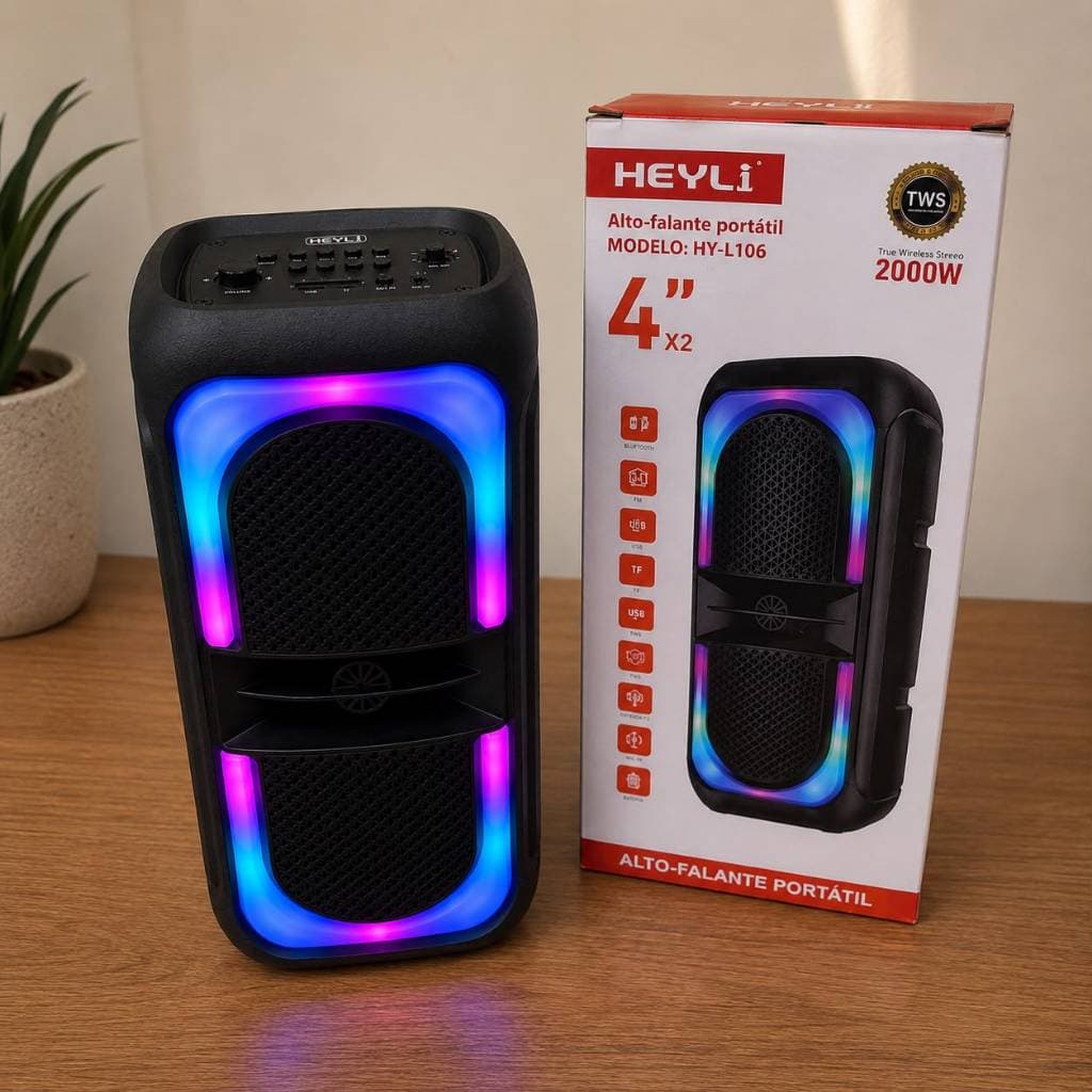 Alto Falante Portátil Bluetooth 2000W PMPO TWS LED RGB Karaokê USB TF Rádio FM Heyli HY-4406