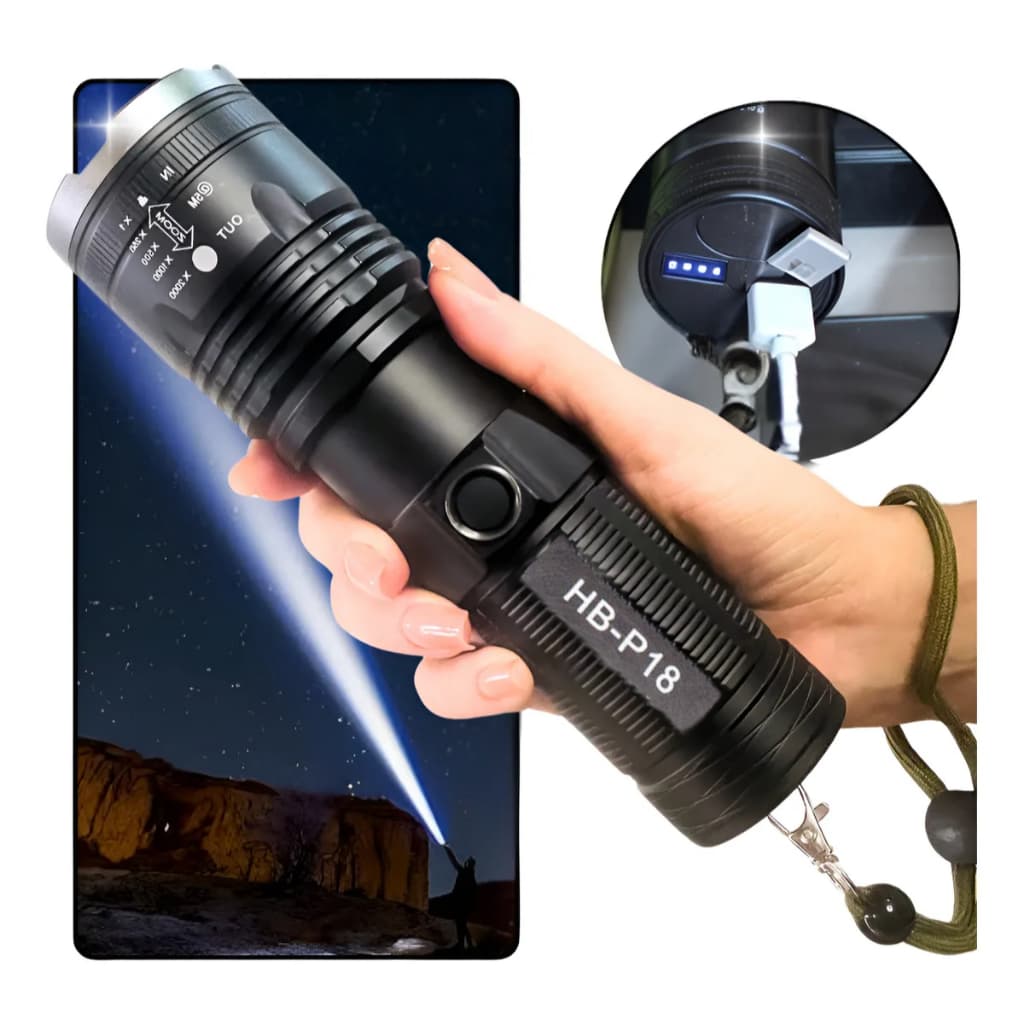 Lanterna De Alumínio Militar BM-8516 Super Potente Led Tático Para Acampamento Pesca E Segurança Recarregável