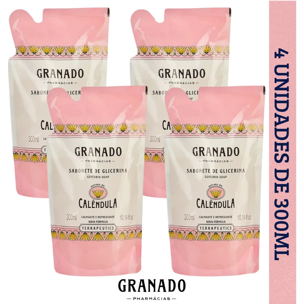 Kit 4 Refil Sabonete Líquido Granado de Glicerina Calêndula 300ml