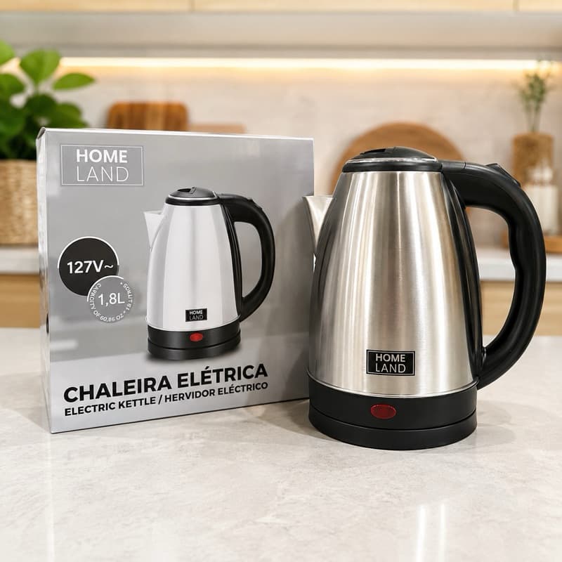 Chaleira Elétrica Inox 1,8L 127V Ferve Água Rápido Desligamento Automático Base Removível Home Land