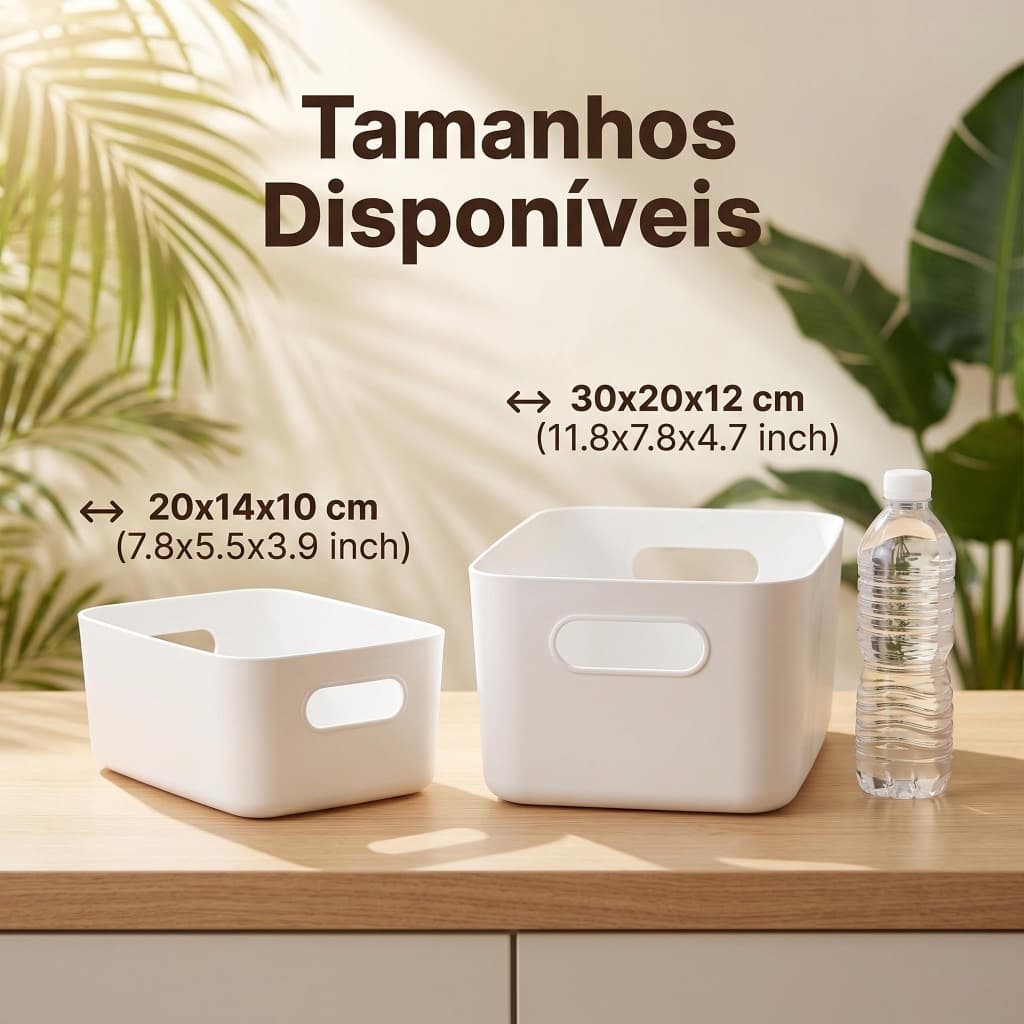 Organizador de Armazenamento Multiuso Plástico Branco com Alças Ocas, Design Cantos Arredondados, 2 Tamanhos Pequeno e G