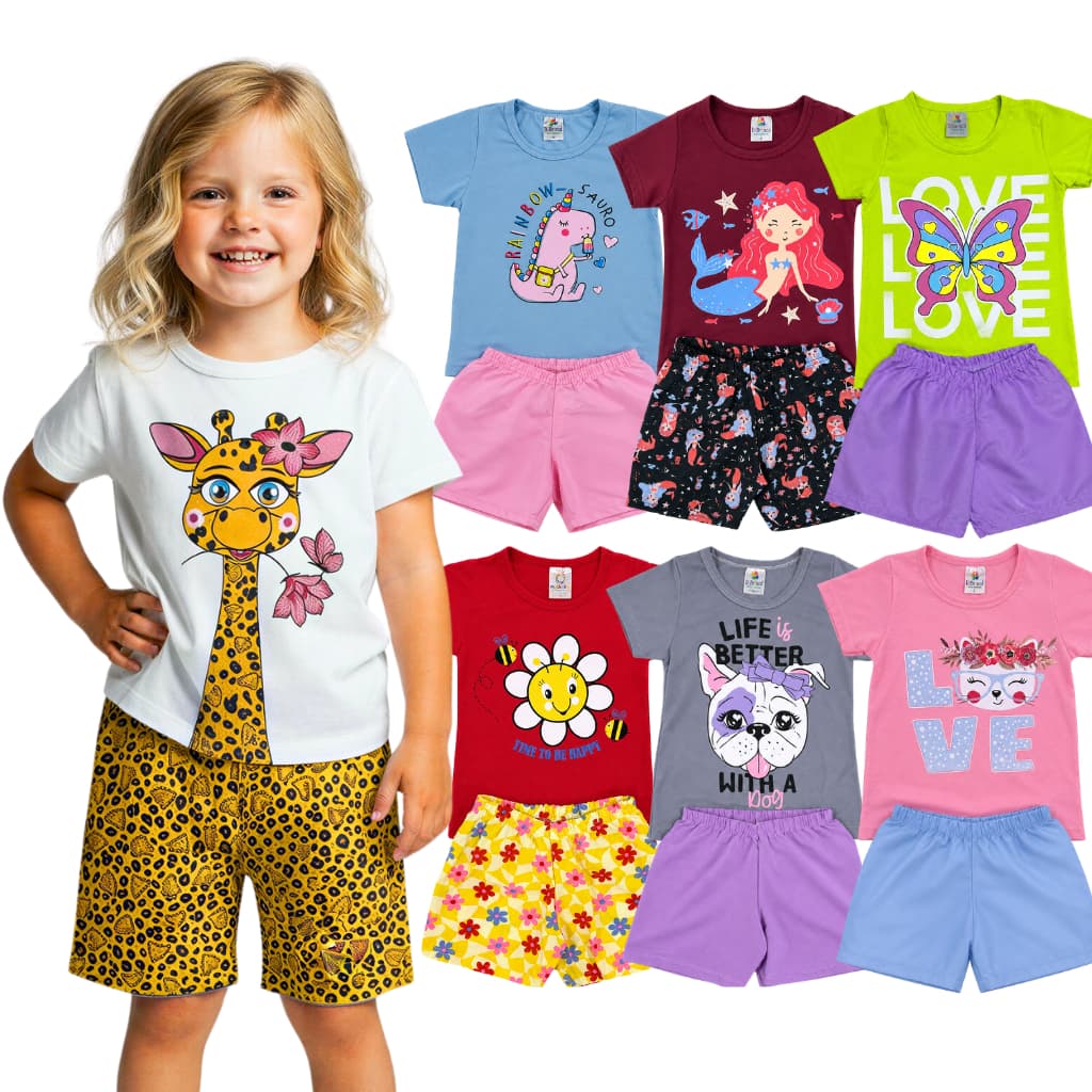 Kit 6 Peças 3 Conjunto Roupa Infantil Menina Verão Sortido Estampado Camiseta + Shorts Bebê Feminino