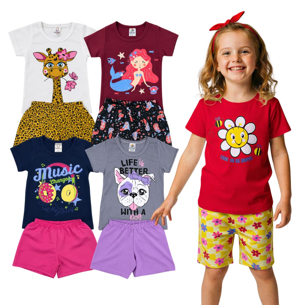 Kit 4 ou 8 Peças Roupa Infantil Verão Menina Bebê Sortido Estampado Camiseta e Short 2 ou 4 Conjunto