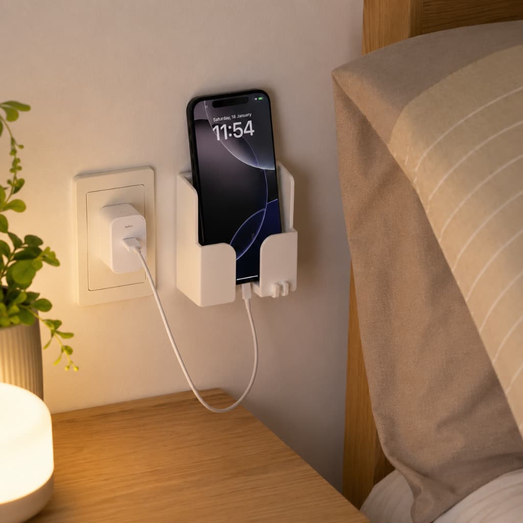 Suporte de Parede para Celular com Organizador de Cabo | Carregador | PLA | Preto e Branco