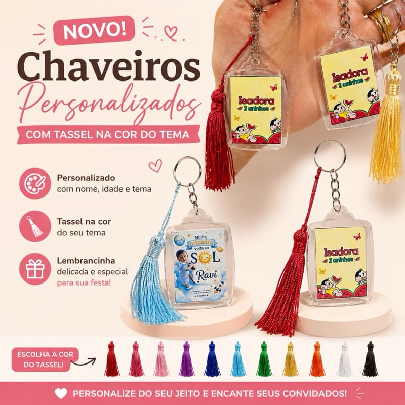 Kit Chaveiros Personalizados com Tassel | 5, 10, 20, 30 Lembrancinha Aniversário Infantil com Foto e Tema