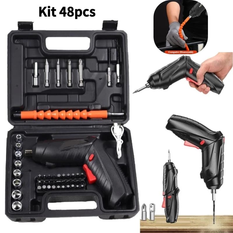 Kit Parafusadeira Elétrica/Furadeira 48 Peças À Bateria Sem Fio Carregador Usb Portátil Leve