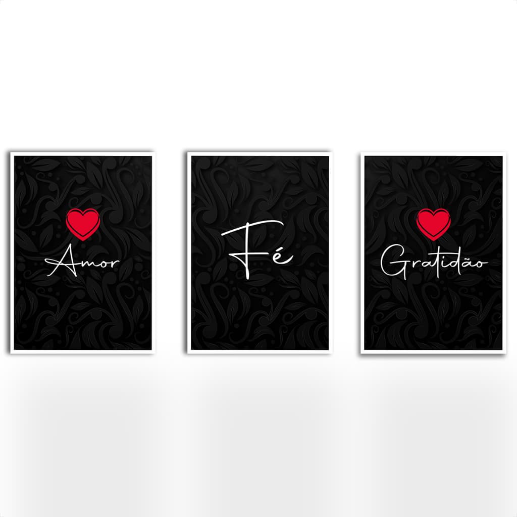 Kit 3 Quadros Decorativos 30x20 Frases Amor + Fé + Gratidão
