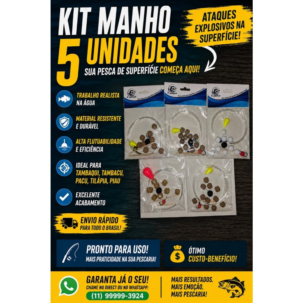 KIT 5 Manhoso para pesca de superficie 10mm