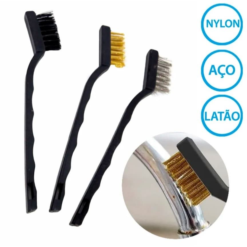 Kit 3 Escovas de Limpeza Manual - Nylon, Aço Carbono e Latão para Ferrugem, Solda e Acabamento