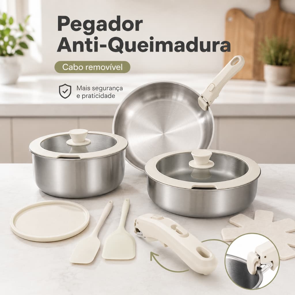 Jogo de Panelas Antiaderente 9 Peças Inox 304 com Alça Removível e Tampas