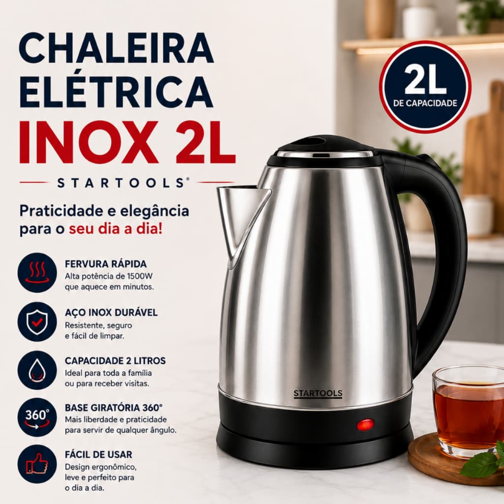 Chaleira Elétrica de Aço Inox de, 2L,127V/220V, Ferve Água Rápido com Tampa e luz