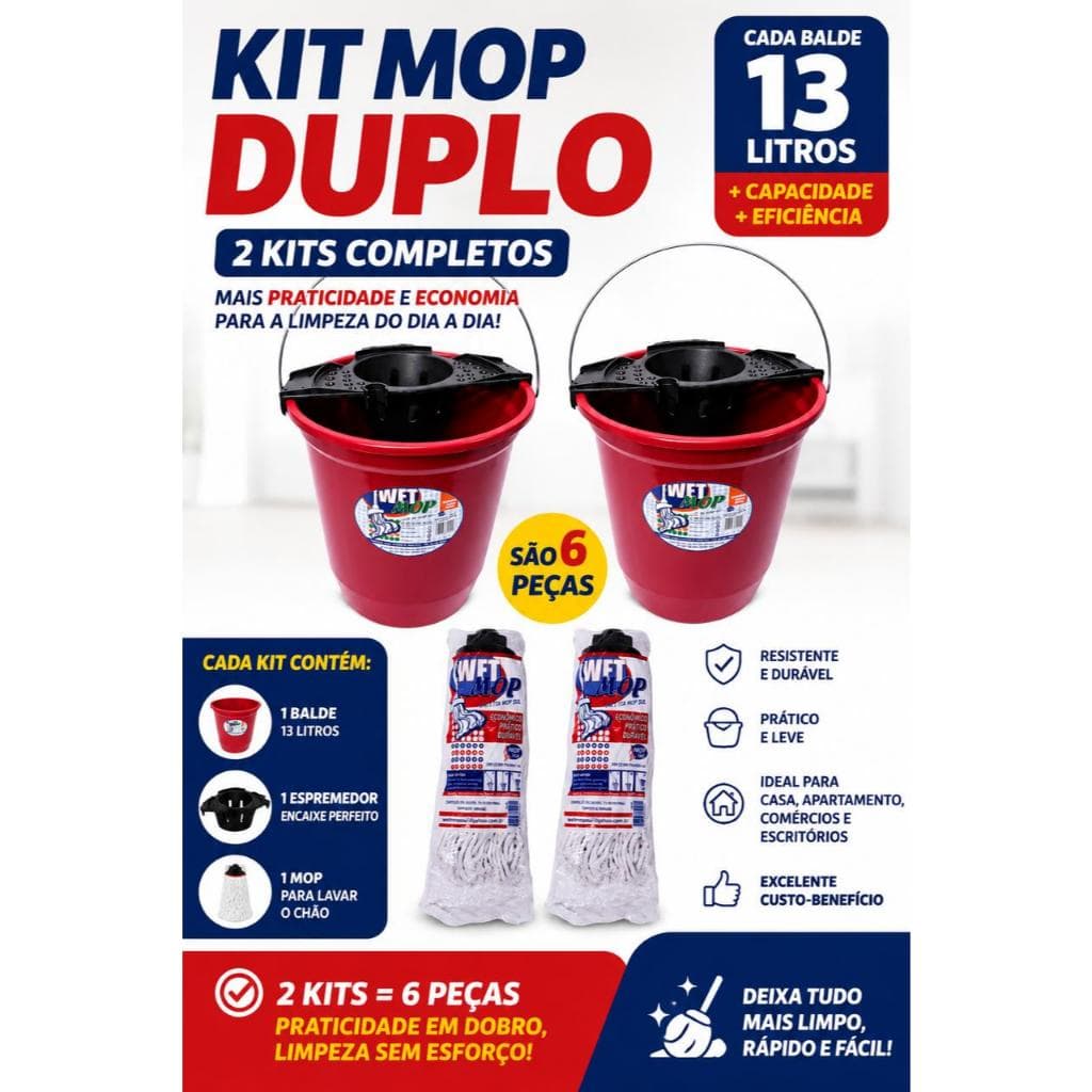 2 Kit Balde Bruxa Mop, Balde De 14L + Espremedor + Bruxa Mop