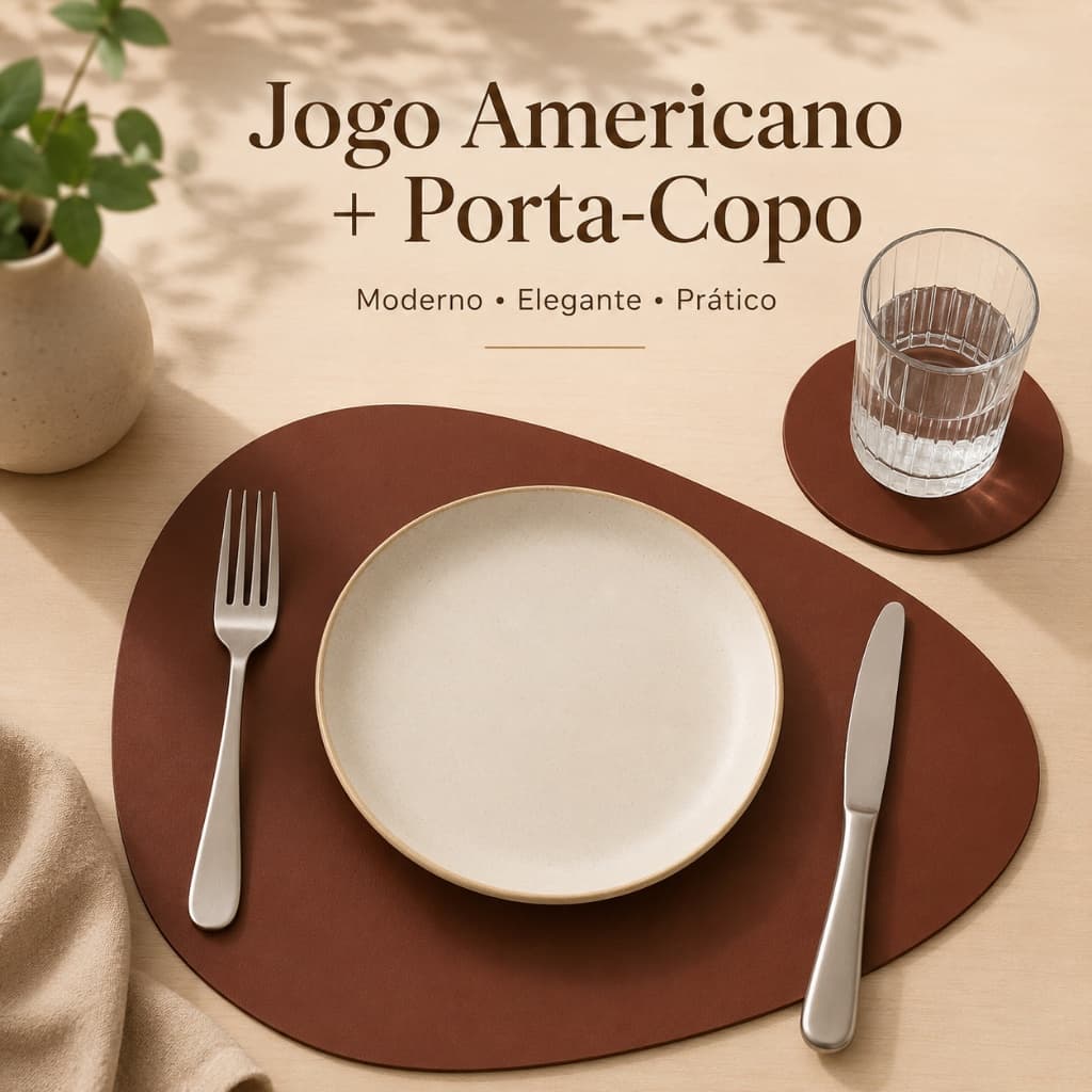 Kit Jogo Americano Sousplat Para Mesa Posta Couro + Porta Copos Peças Premium