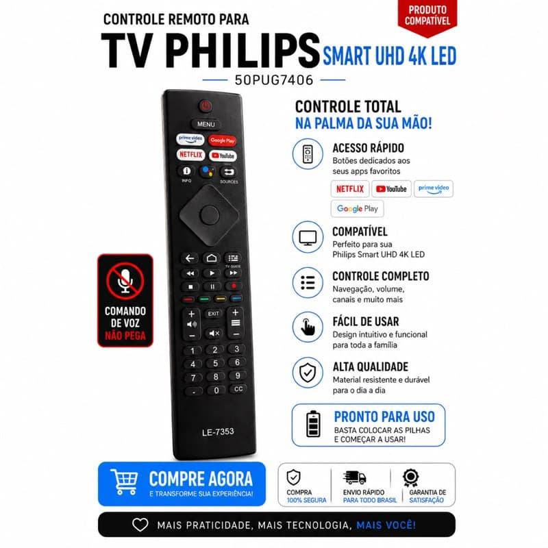 Controle Remoto Para Tv Philips Smart Uhd 4k Led 50pug7406