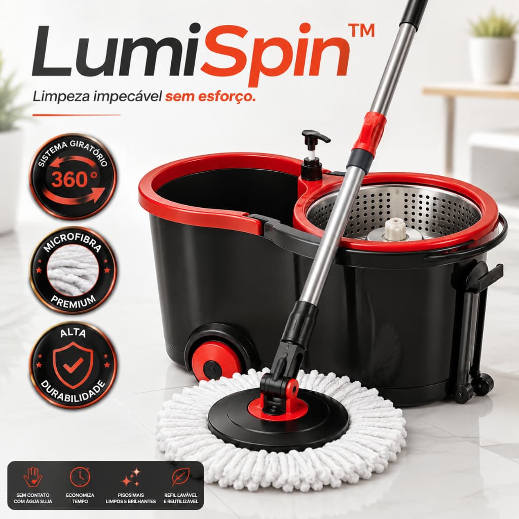 Mop Giratório 360° LumiSpin com Balde Rodas Cabo Inox Refil Microfibra Limpeza Profissional