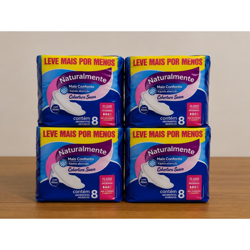 Kit 4 Pacotes Absorvente Naturalmente Com Abas Fluxo Moderado 8 Unidades Cada