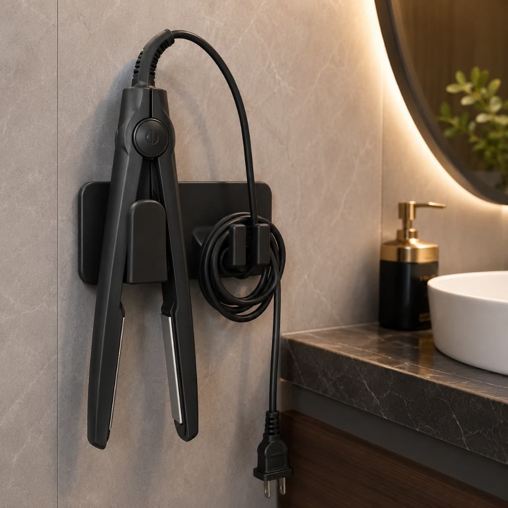 Suporte de Parede para Chapinha Prancha Alisadora com Porta Cabo Organizador – Parafuso ou Dupla Face