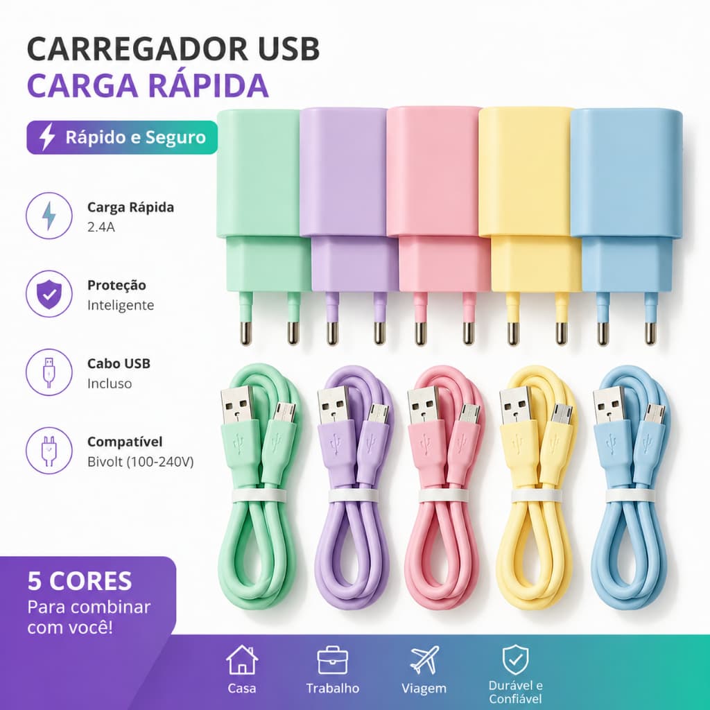 Carregador 4.8A 2 Portas Carregador Micro USB Carga Rápida Cores Pastel Seguro Adaptador Potente