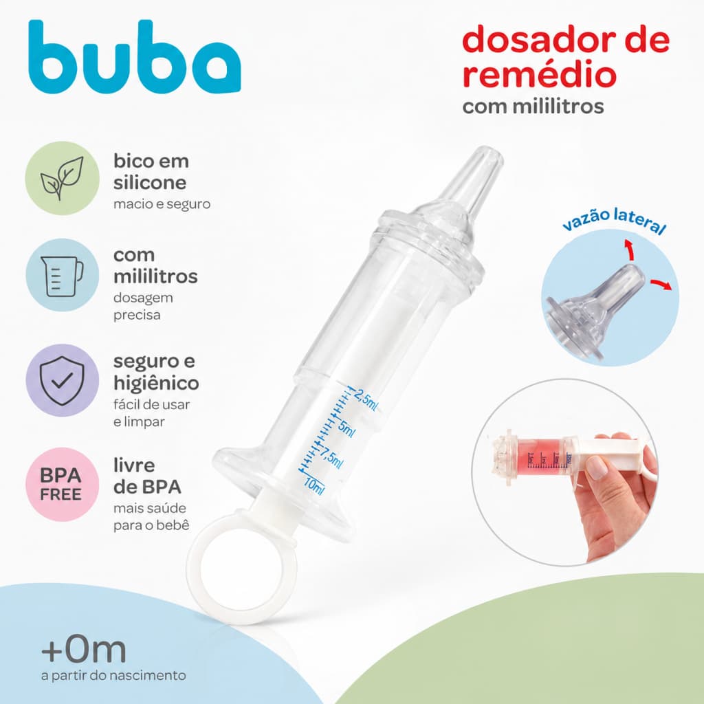 Dosador de Remédio Bebê Buba com Mililitros Seringa bico de Silicone