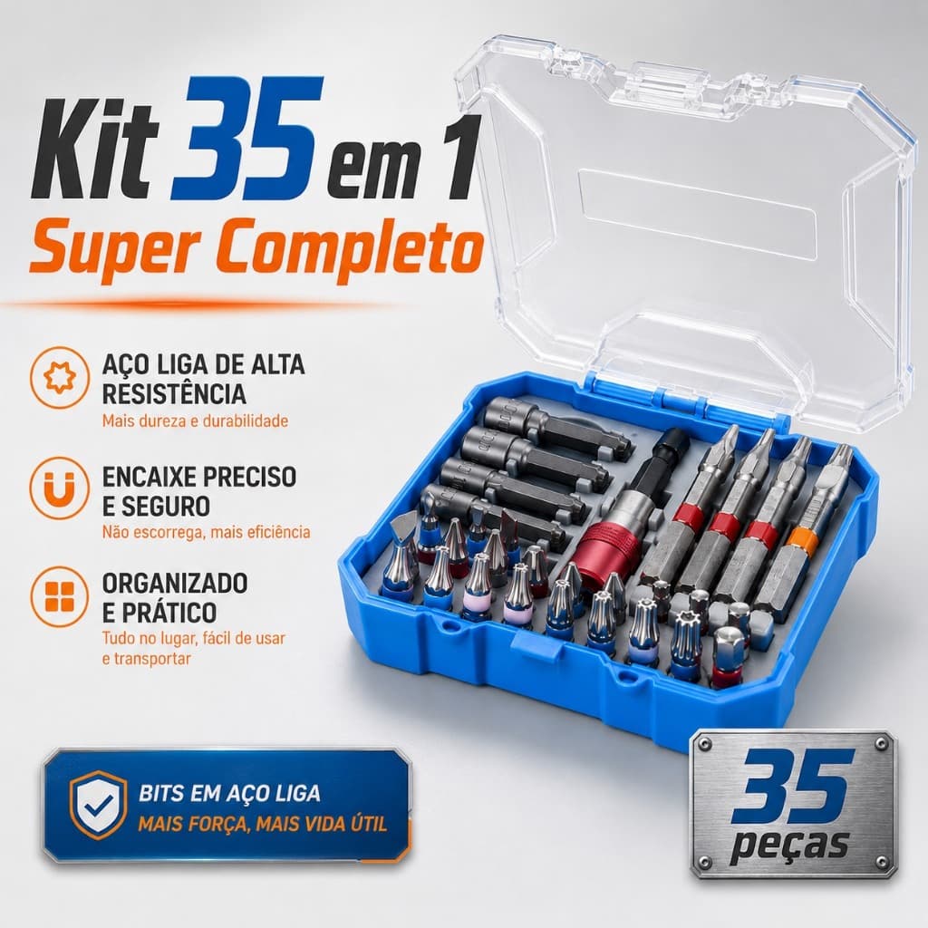 Kit 35 em 1 Super Completo em Aço Liga de Alta Resistência Encaixe Preciso e Seguro Organizado e Prático 35 Peças