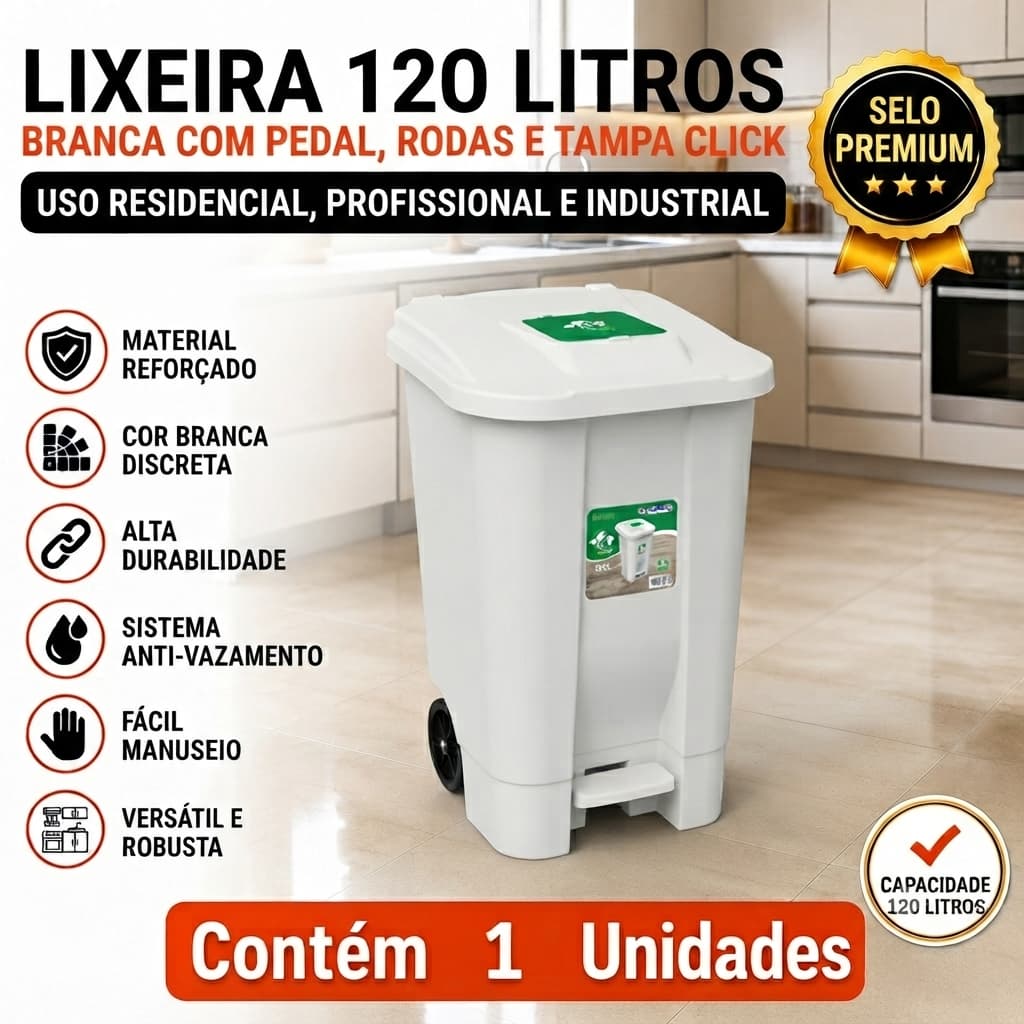Lixeira 120 Litros Branca com Pedal, Rodas e Tampa Click Uso Residencial Profissional Industrial