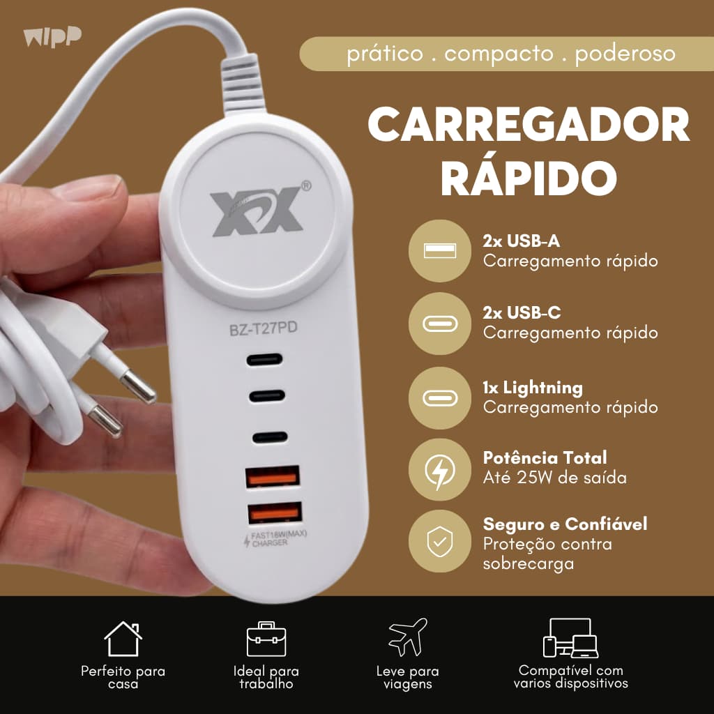 Carregador Rápido 25W Fast Charge Extensão de Tomada Hub 5 Portas 2 Tipo C 2 USB 1 Lightning Multi Carregamento