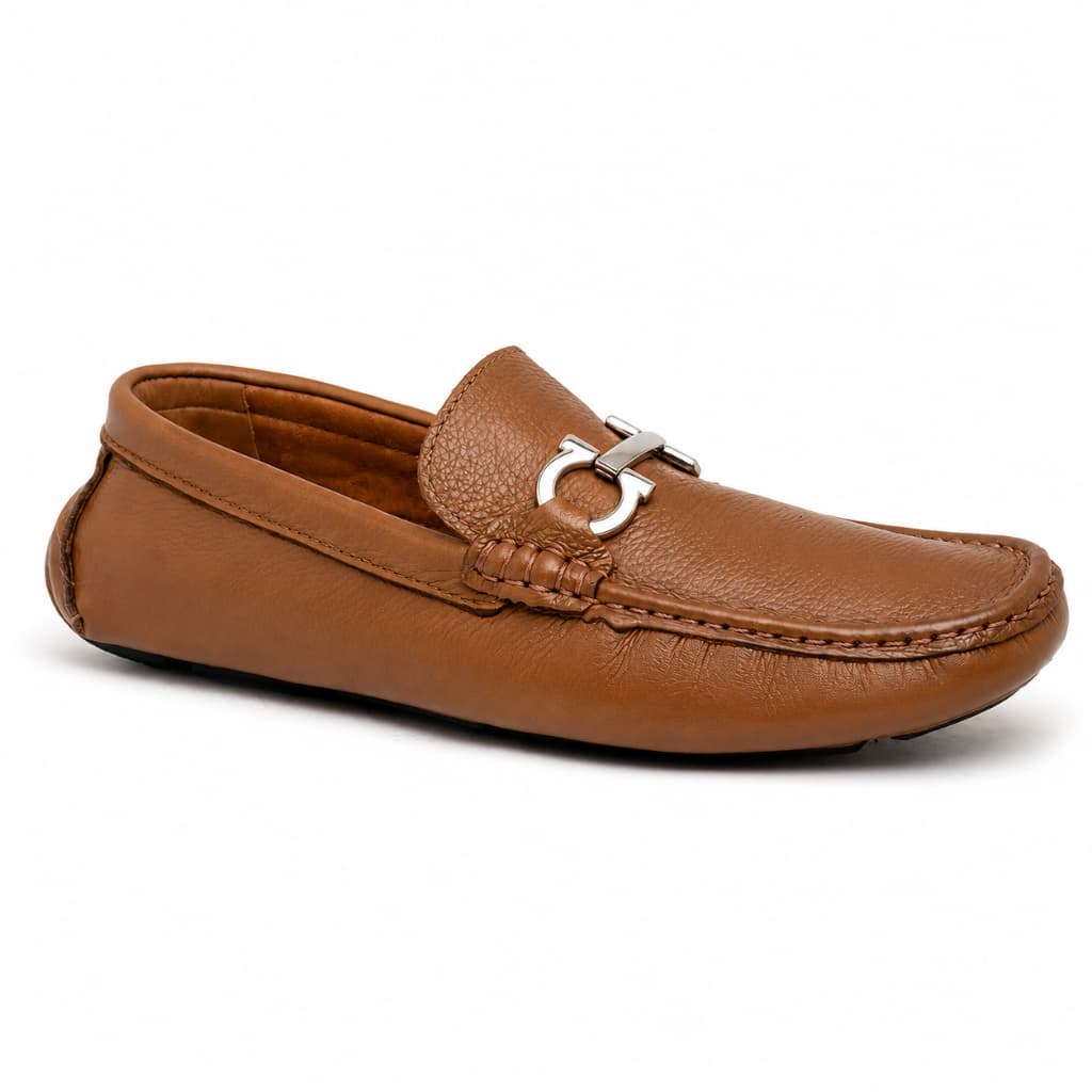 Mocassim Driver Masculino em Couro Elegante Confortável Macio Caramelo Fivela Prata em Promoção