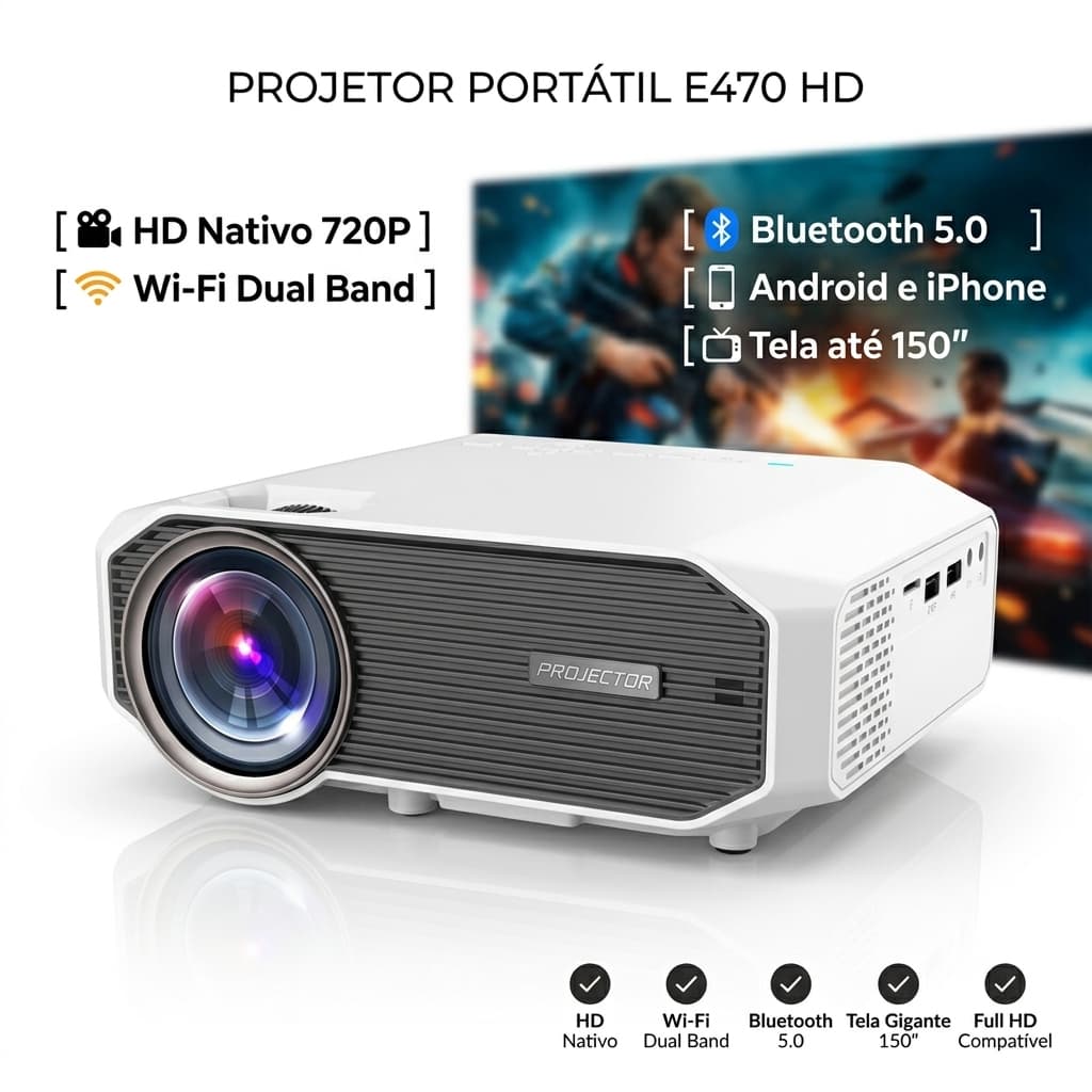 Projetor Portátil HD Wi-Fi Bluetooth 5.0 4500 Lumens Tela até 150" Compatível Full HD Celular Android iPhone