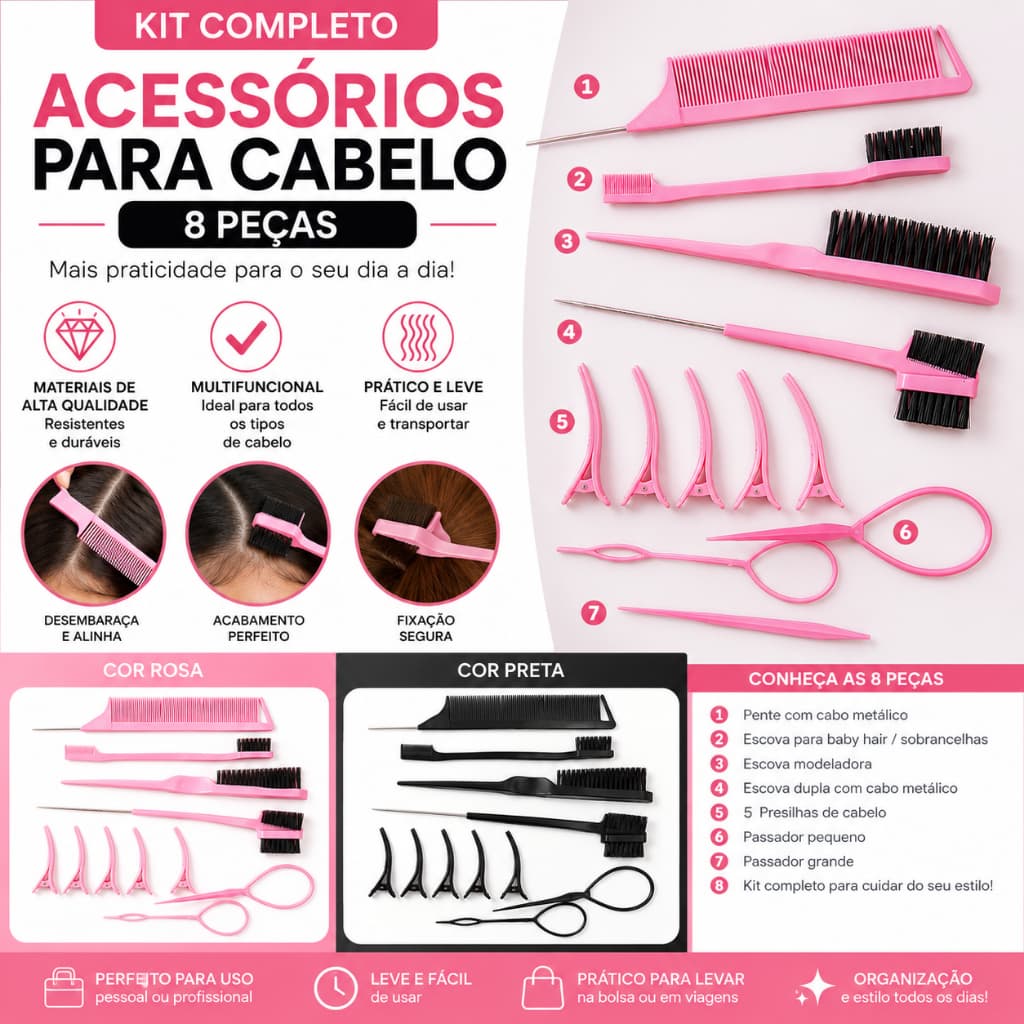 Kit Pente Profissional Cabeleireiro 8 Peças Escovas Presilhas Passador para Penteados e Coloração