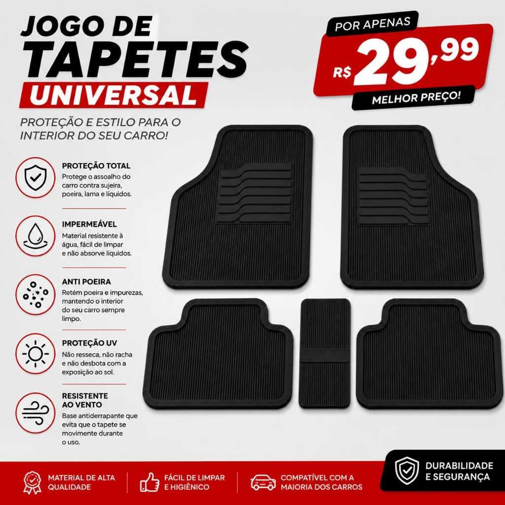 Kit Tapete Automotivo PVC 5 Peças Antiderrapante Impermeável Resistente para Carro Universal