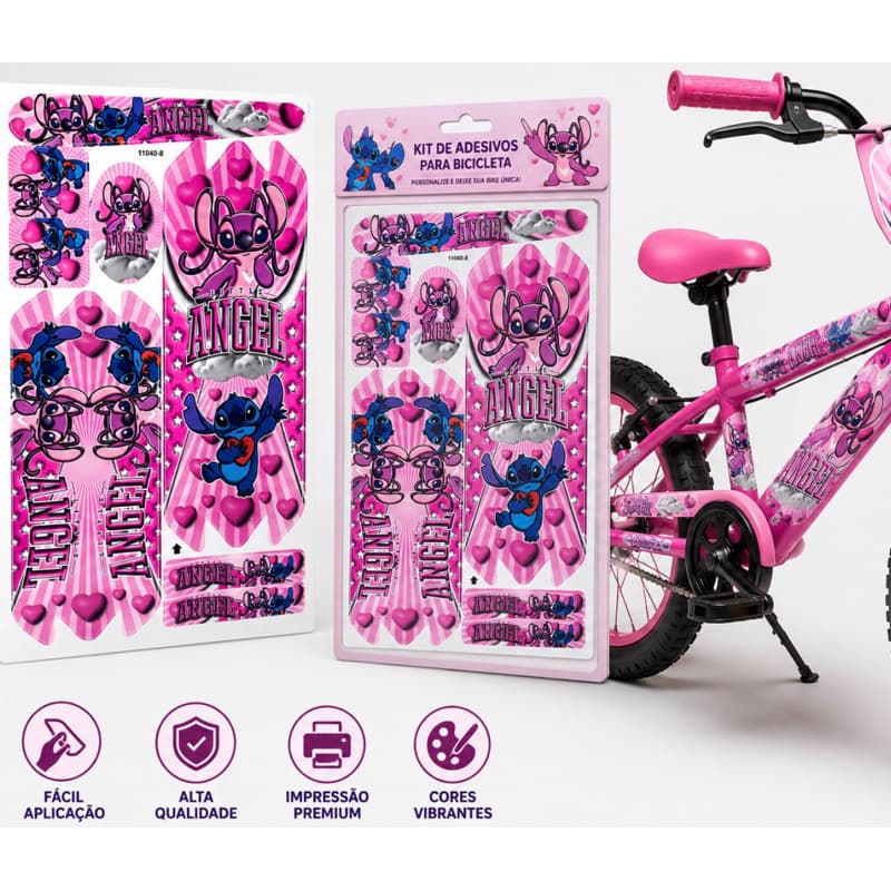 Adesivo Little Angel Stitch Bicicletas Cartela Infantil Bike Rosa
