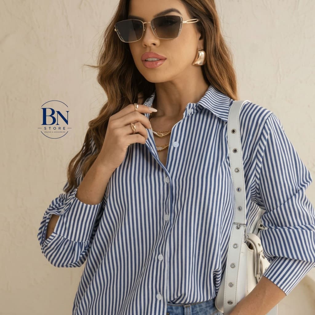 Camisa Social Feminina Listrada Manga Longa Não Amassa