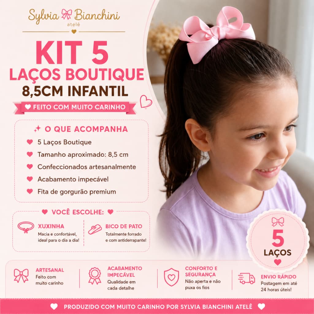 Kit 5 Laços Boutique 8,5cm Infantil | Xuxinha ou Bico de Pato | Artesanal