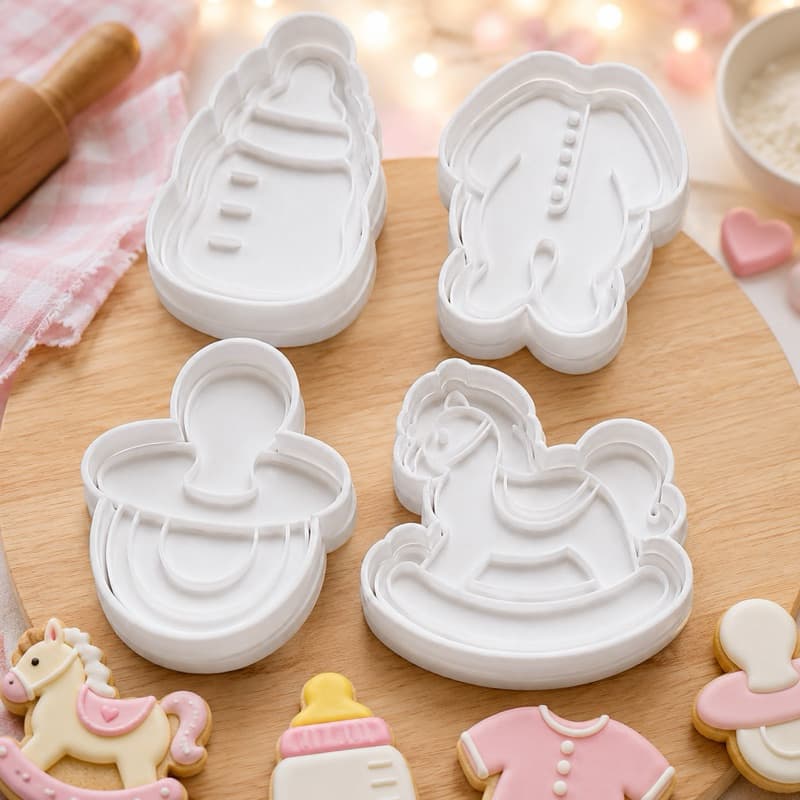 Kit Cortadores de Biscoito Bebê 4 Peças com Carimbos Chá de Bebê Confeitaria Fondant Massa Biscuit Premium