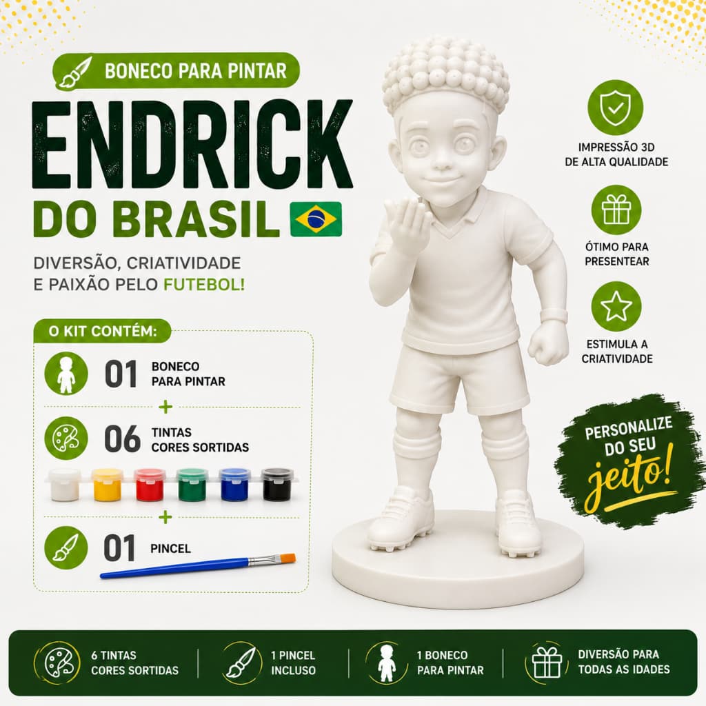 Boneco Endrick Brasil 3D Para Pintar + 6 Tintas e Pincel | Colecionável
