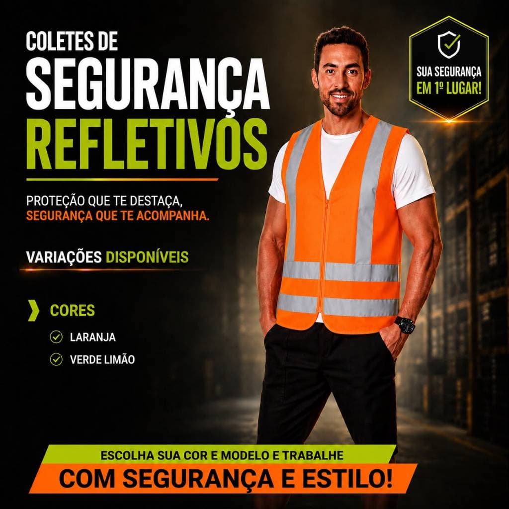 Colete Refletivo Com Ziper EPI Segurança Alta Visibilidade Verde e Laranja Do P ao XXXG