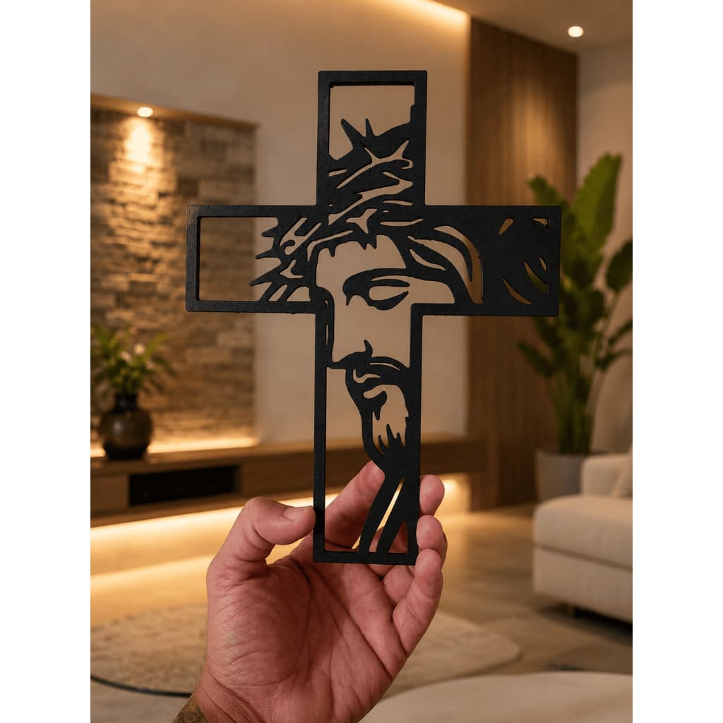 Quadros Decorativos Jesus Cristo em MDF Preto - cru | Decoração Cristã para Sala, Hall de Entrada e Quarto MODERNO