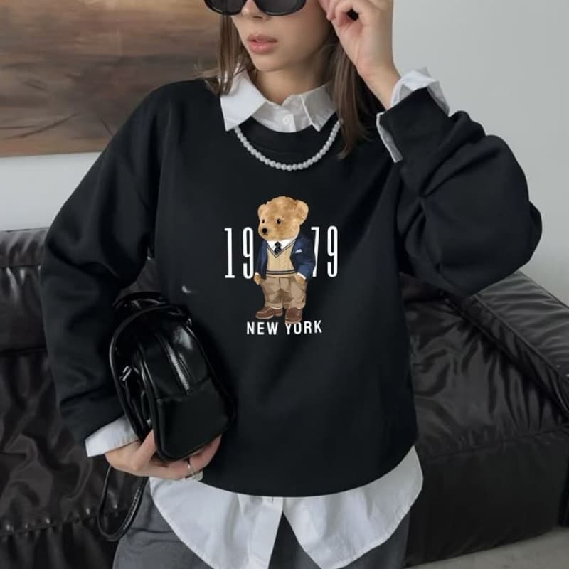 Blusa De Frio Feminina Estampada Urso Minimalista Moda Casual Estilosa Leve Confortavél