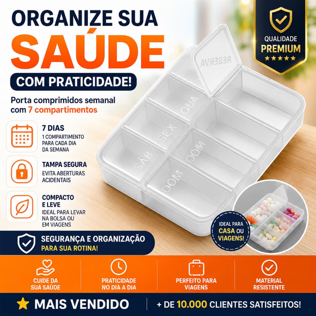 Porta Comprimidos Semanal 7 Dias Organizador De Remédios Caixa Medicamentos Compacto Viagem