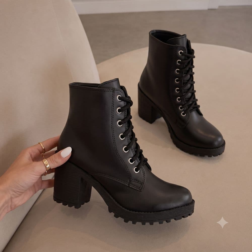 Coturno Preto Feminino Salto Alto Bota Salto Grosso Tratorada Cano Curto Amarrar Bota Blogueira Confortável
