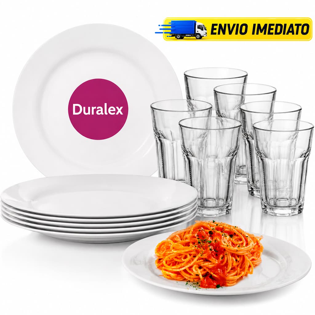 KIT 6 Pratos Menu Raso Vidro Opaline Duralex 6 Copos Bristol Atlanta 360ml Buffet Jantar