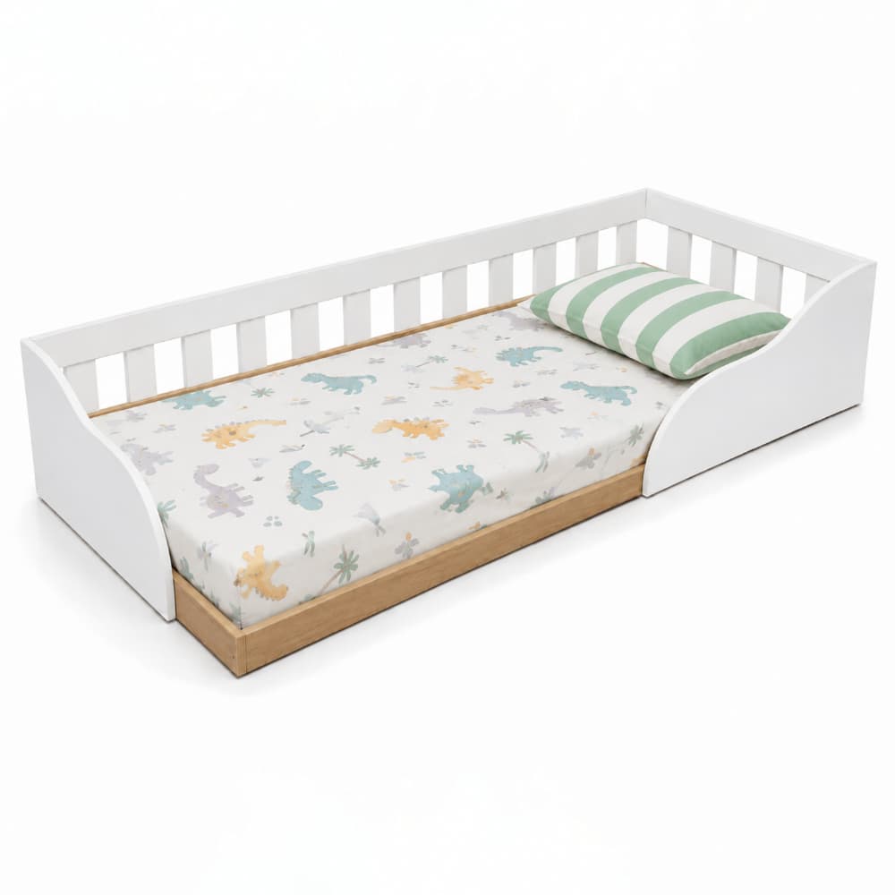 Cama Infantil Montessoriana de Solteiro com Grade de Proteção Cor Branco/Lâmina Mel - BRV Móveis