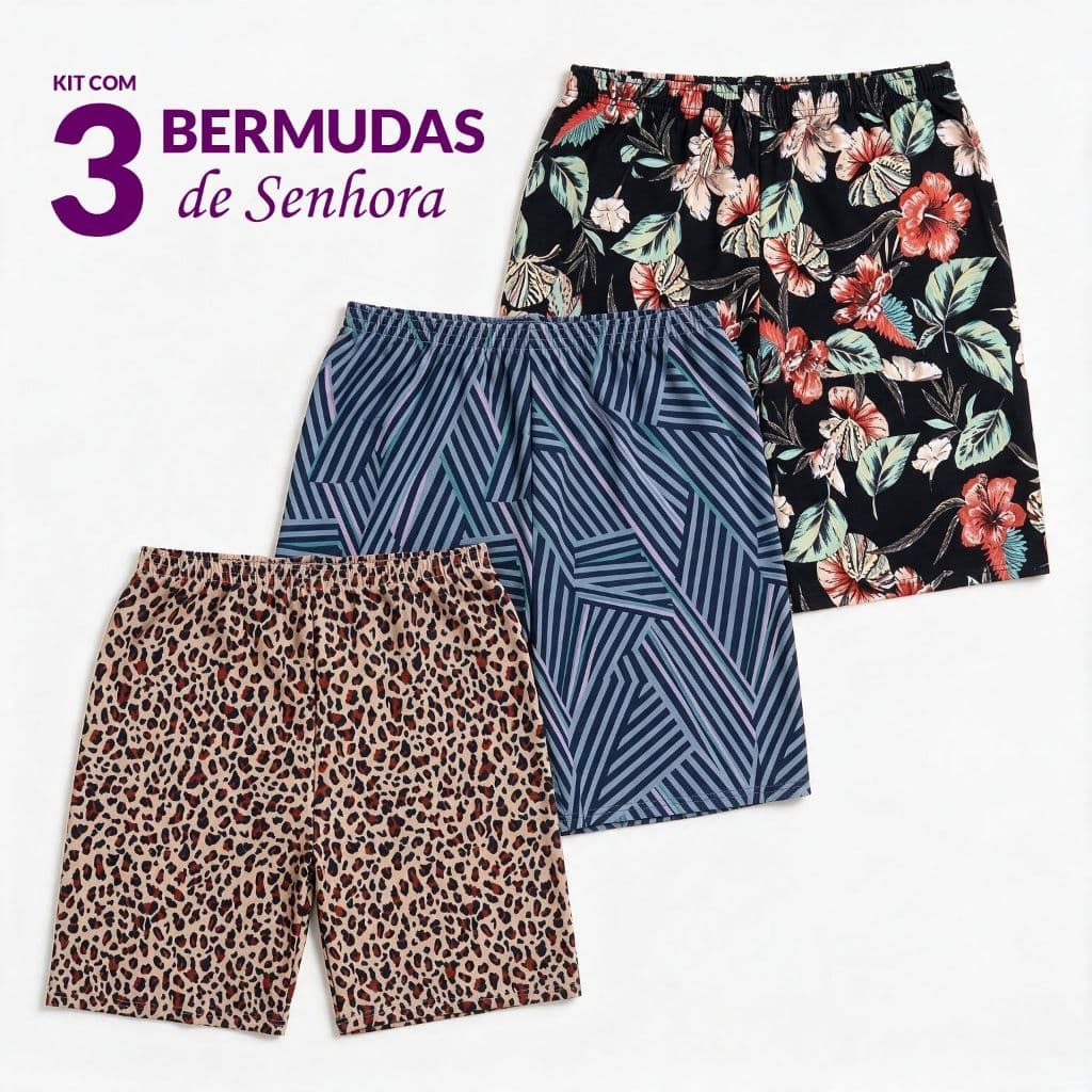 Kit com 3 Bermudas de Senhora – Leves, Confortáveis e Fresquinhas