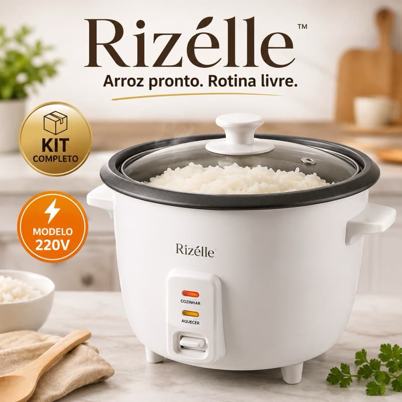 Panela Elétrica de Arroz Rizélle 1,3L 220V 400W Antiaderente com Bandeja a Vapor e Aquecimento Automático